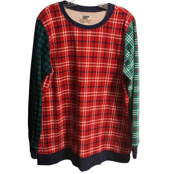 Women's LANDS' END Size L 14 - 16 Serious Sweats Plaid Sweatshirt Top Lounge - Picture 1 of 6